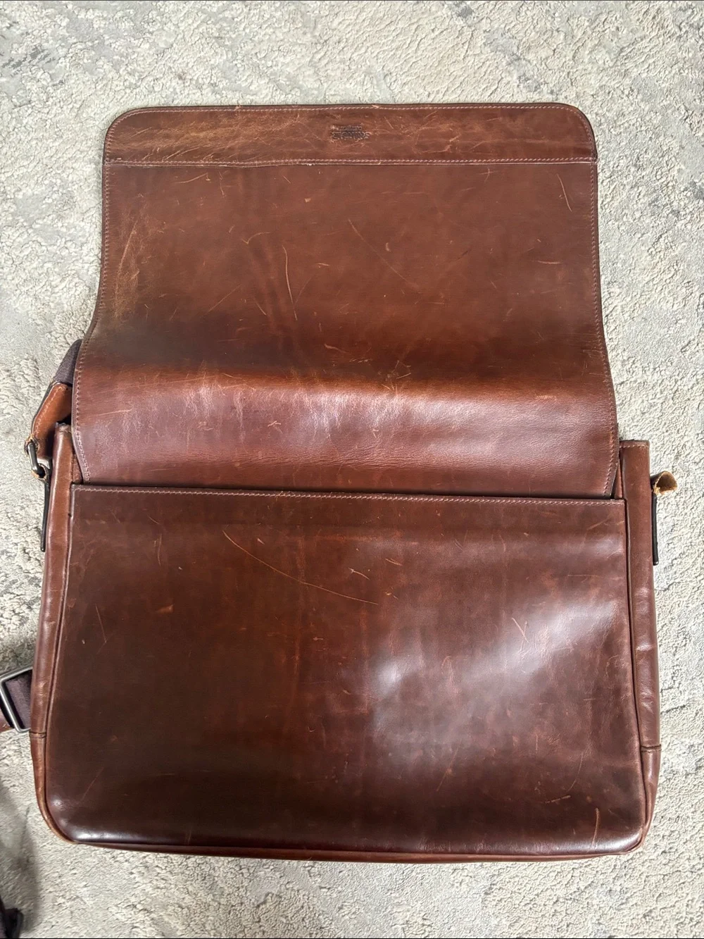 Shinola Brown Leather Messenger with Adjustable Canvas broken Strap